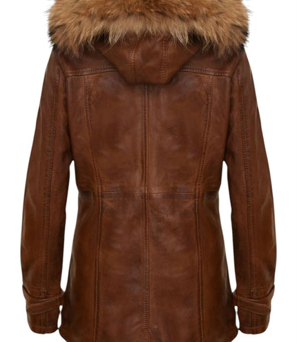 Womens Warm Leather Hooded Parka Jacket-Northwich - Tan