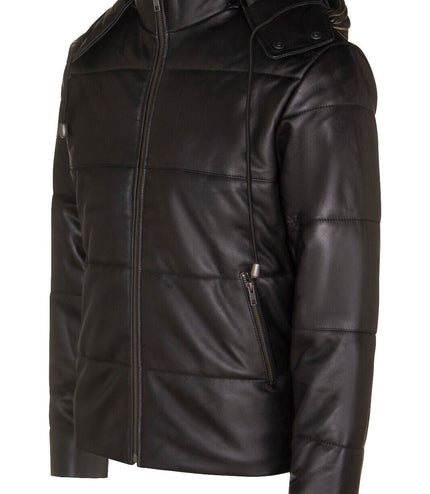 Mens Puffer Leather Bomber Jacket-Augsburg - Black
