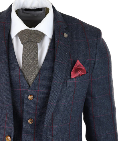 Mens Herringbone Tweed Suit 3 Piece Navy Blue Peaky Blinders 1920s Tailored Fit