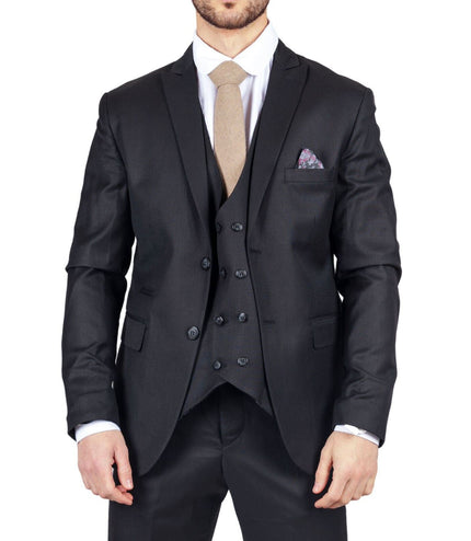 Mens IM1 Double Brusted Plain Black 3 Piece Suit