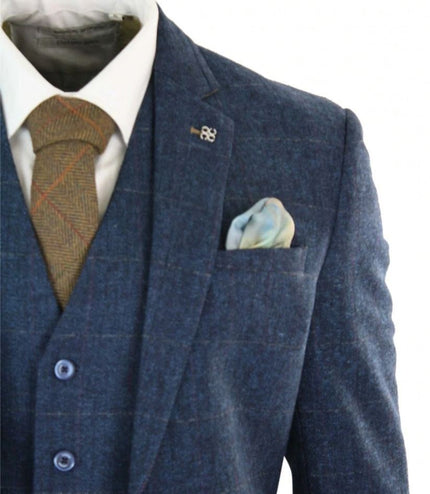 Mens 3 Piece Navy Blue Tweed Herringbone Vintage Classic Suit