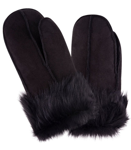 Unisex Blackl Sheepskin Leather Shearling Mittens Warm Gloves