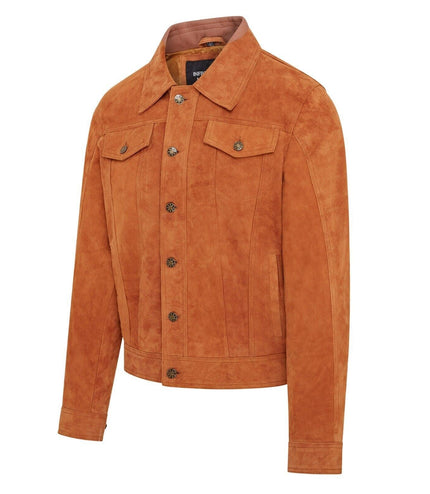 Mens Trucker Goat Suede Western Leather Jeans Jacket - Yangon - Tan
