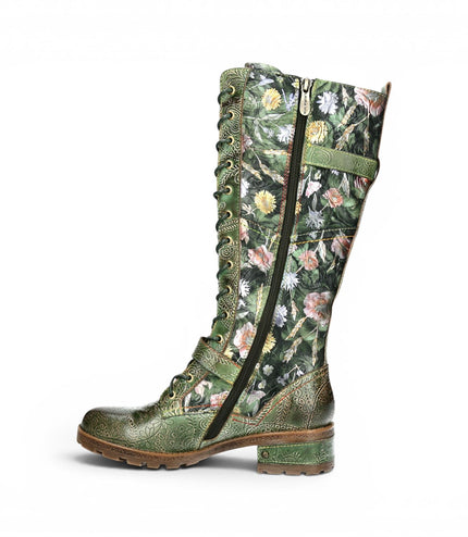 Laura Vita Women's Victorian Floral Green Leather High Lace-Up Long Boots - Cocrailo-82