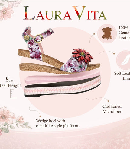 Laura Vita Women's Facyo 75 Lilac Purple Floral Leather Wedge Espadrille Sandals