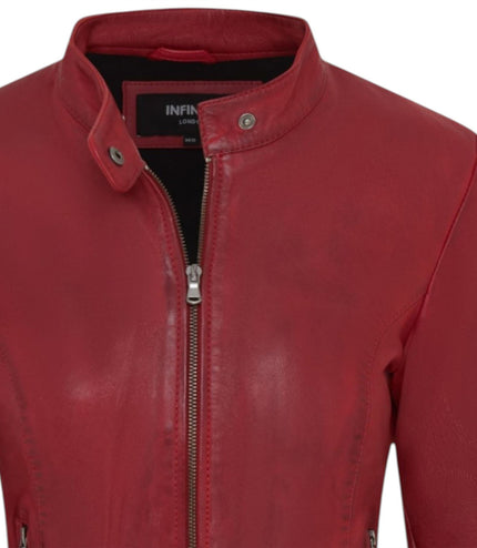 Womens Red Leather Stand Collar Racer Biker Jacket - 181