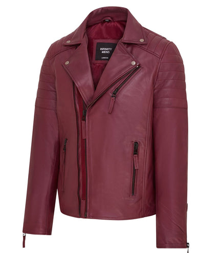 Mens Slim Fit Brando Style Double Cross Zip 100% Leather Biker Jacket - Burgundy