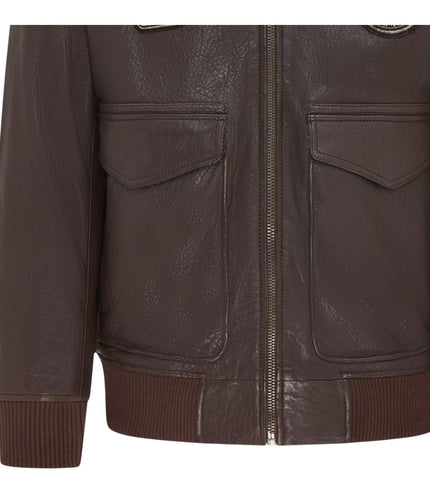 Men's Leather Bomber Sheepskin Collar G-1 Aviator Jacket - Linear - Brown