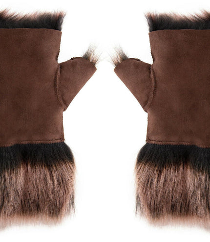 Womens Shearling  Mittens Fingerless Cuffs Toscana Suede Sheepskin Fur - Brown Gold