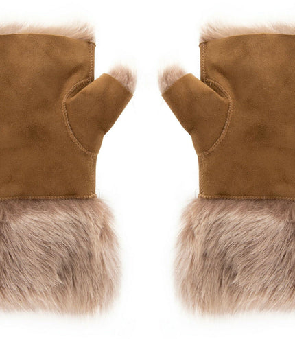 Womens Shearling  Mittens Fingerless Cuffs Toscana Suede Sheepskin Fur - Beaver