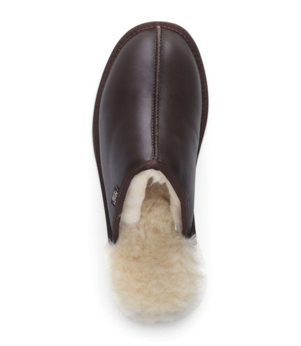 Men's Brown Genuine Lamb Leather Slippers Real Fur Mule Winter Slippers - Highland