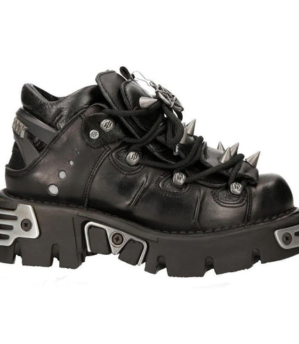 New Rock Black Leather Spiked Ankle Boots - 110-S1