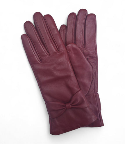 Womens Burgundy Red Italian Leather Winter Bow Design Soft Wool Lining Gloves - L-GLV-401