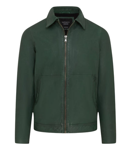 Mens Leather Green Harrington Collar Biker Jacket - Alpha