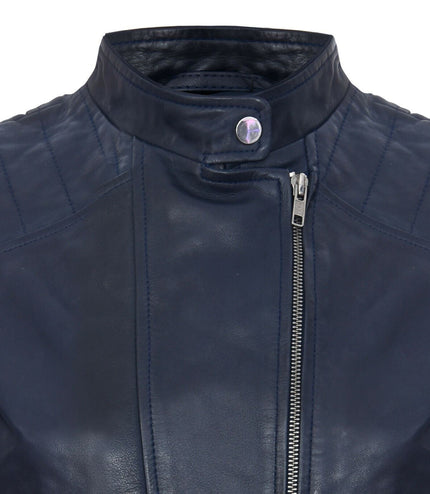 Womens Leather Biker Jacket-Celaya - Navy