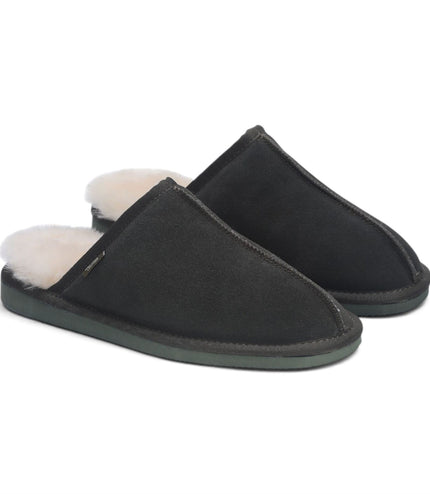 Men's Genuine Sheepskin Olive Green Suede Mule Winter Warm Non-Slip - Highland