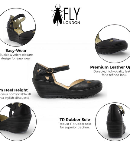 Fly London Women's Yuna Black Leather Wedge Sandals
