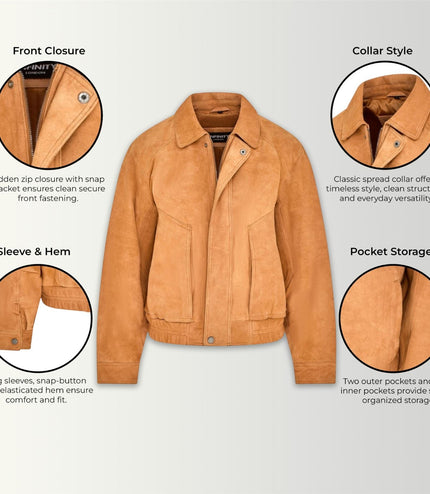 Womens Tan Leather Biker Bomber Oversized Jacket - Blouson