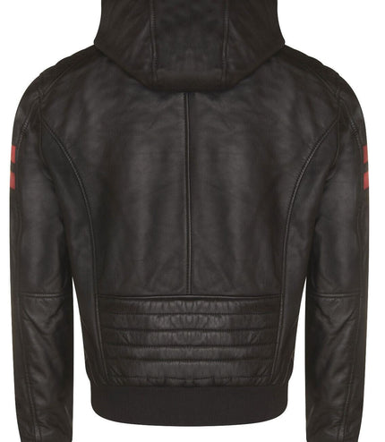 Mens Leather Hooded Retro Bomber Jacket - Skopje - Black