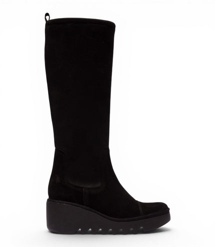 Fly London Womens Black Suede Leather High Wedge Heel Long Boots - BUDI603