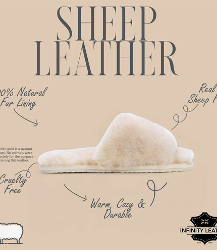 Women's Sheepskin Slippers Beige Warm Winter Fur Sliders - Nordic