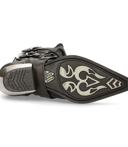 New Rock Black Leather Cowboy Buckle Boots- M-7993-S1