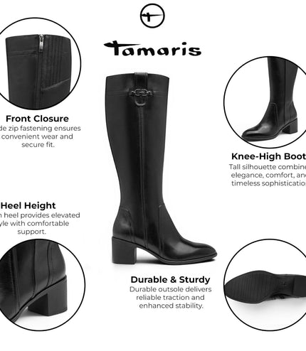 Tamaris Women’s Black Leather Riding Knee-High Heel Long Boots - 25576-47