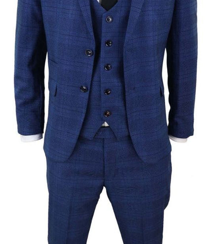 Mens 3 Piece Blue Birdseye Check Classic Suit