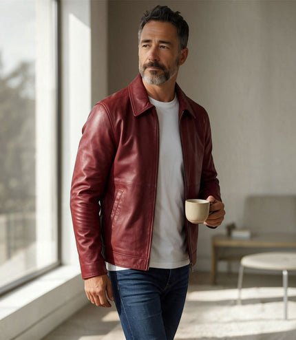 Mens Leather Red Harrington Collar Biker Jacket - Alpha