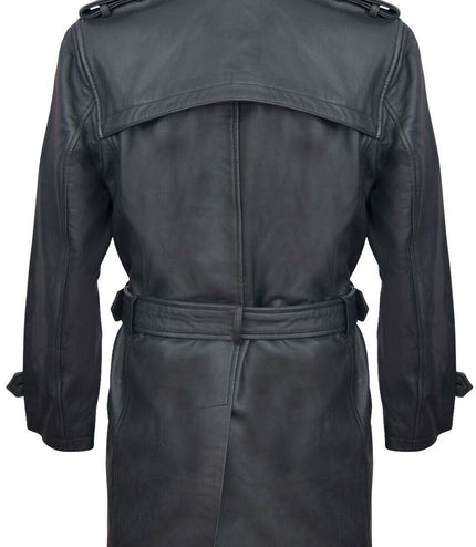 Mens Black Leather Trench Coat-Memphis