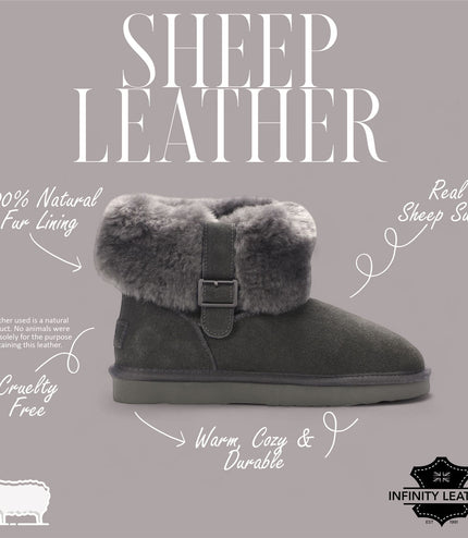 Women's Genuine Sheepskin Grey Suede Ankle Bootie Winter Boots - Granite