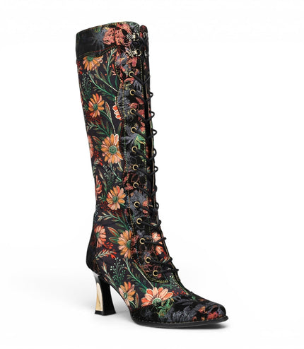 Laura Vita Women's Black Victorian Floral Leather Knee-High Heeled Boots - Oanelo-02