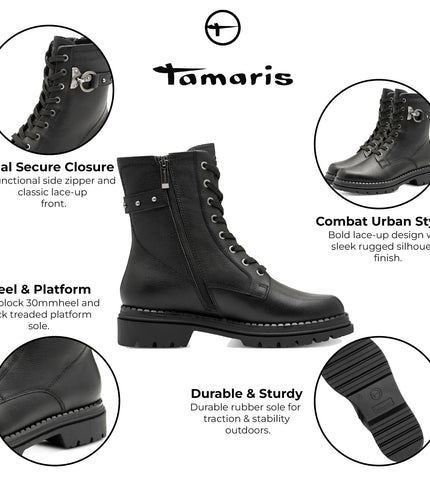 Tamaris Womens Fashion Black Leather Lace-Up Zip Combat Ankle Boots