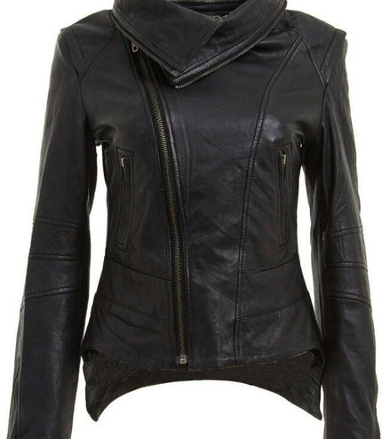 Womens Detachable Collar Leather Biker Jacket-Rosario