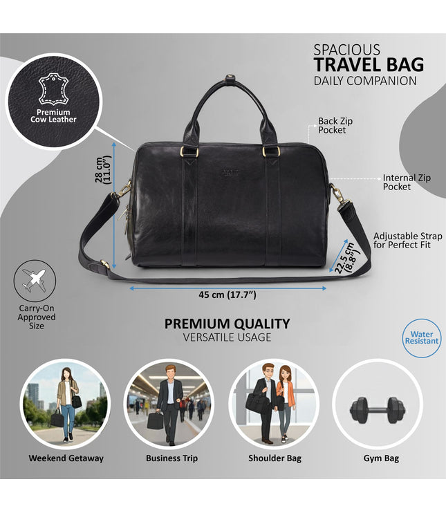 Vintage Genuine Leather Black Holdall Duffle Gym Travel Bag - Atlas