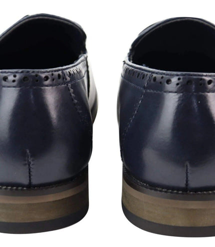 Mens Tasselled Navy Leather Tweed Brogue Slip On Loafers