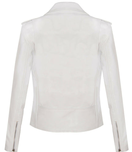 Women's Cowhide Brando Leather Biker Jacket-Murcia - White