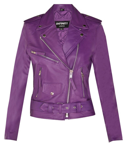 Women's Cowhide Brando Leather Biker Jacket-Murcia - Purple