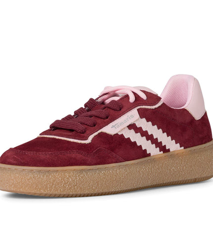 Tamaris Womens Merlot Burgundy Red Leather Fashion Stripe Lace Up Sneakers