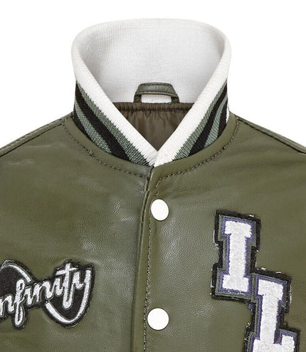 Kids Green Letterman Leather Varsity College Bomber Jacket