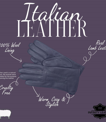 Womens Purple Italian Leather Winter Stitch Line Design Soft Wool Lining Gloves - L-GLV-301