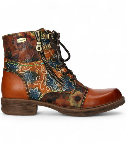 Laura Vita Anita 006 Camel Brown Floral Womens Gothic Victorian Leather Ankle Boots