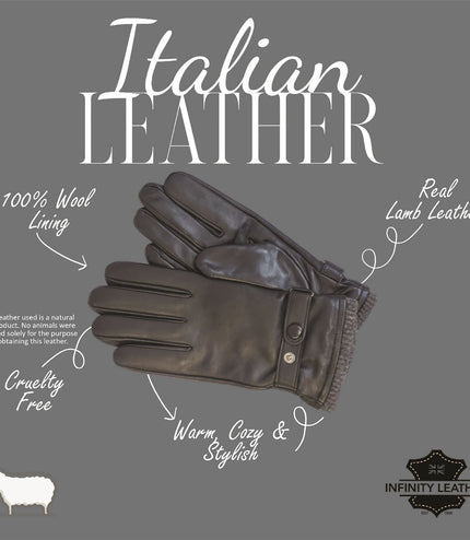 Men's Black Italian Leather Warm Wool Lining Winter Knit Rib Gloves - M-LGV-105