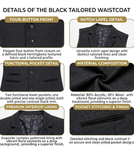 Women's Black Herringbone Wool Tweed Check Tailored Waistcoat - WS-1