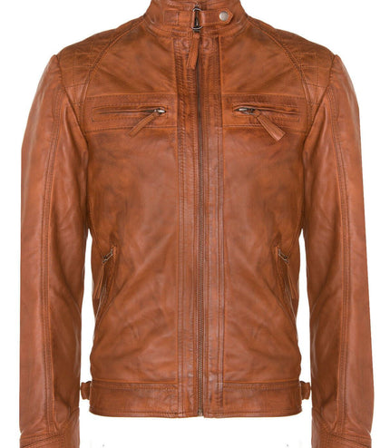 Men's Vintage Leather Quilted Biker Jacket-Monaco - Tan