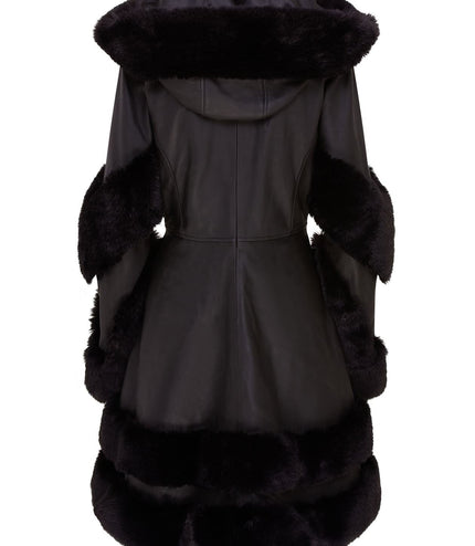Womens Flared Black Luxury Leather Hooded Cape Coat With Fur
