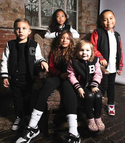Kids Wool Varsity Black Bomber Jacket with Real Leather Sleeves