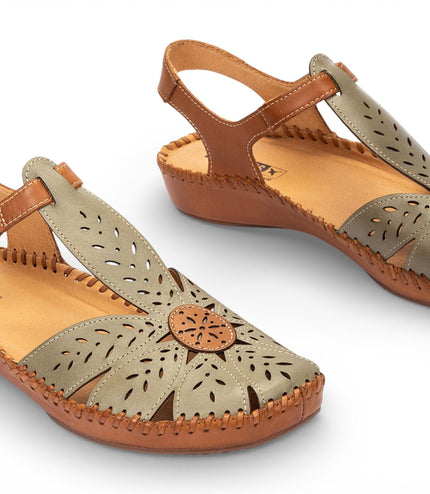 Pikolinos Women's Tan Green Leather Cushioned Wedge Sandal Shoes - P-Vallarta
