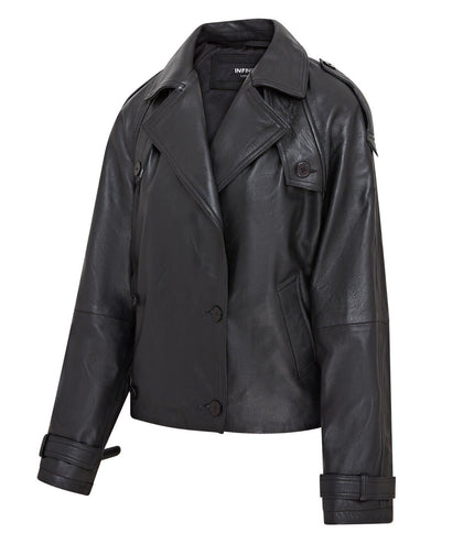 Womens Cropped Oversized Trench Leather Jacket - Canberra - Black
