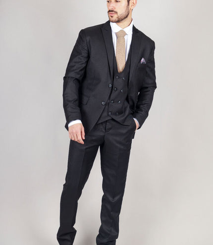 Mens IM1 Double Brusted Plain Black 3 Piece Suit